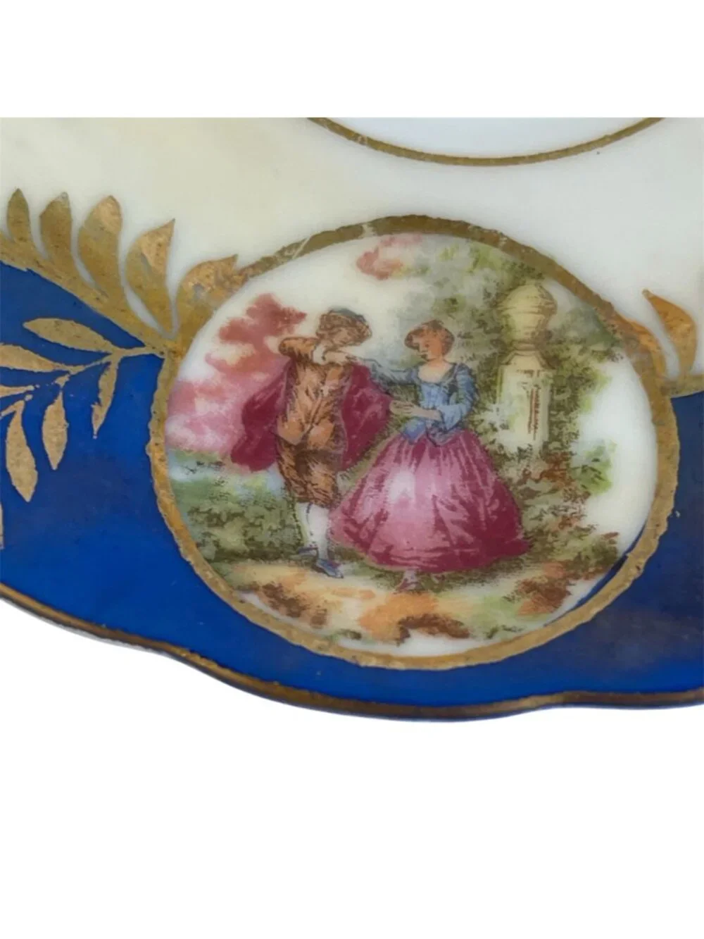 Vintage Cobalt Blue and Gold Teacup Saucer Set Courting Couple Fragonard Style